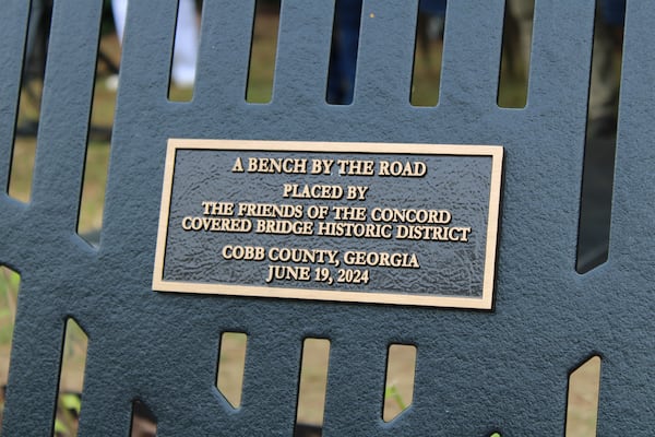 The bench honoring enslaved and freed Black people in Cobb County was unveiled Tuesday, June 18, 2024, at the Concord Road entrance to the Silver Comet Trail in Smyrna. (Taylor Croft/taylor.croft@ajc.com)