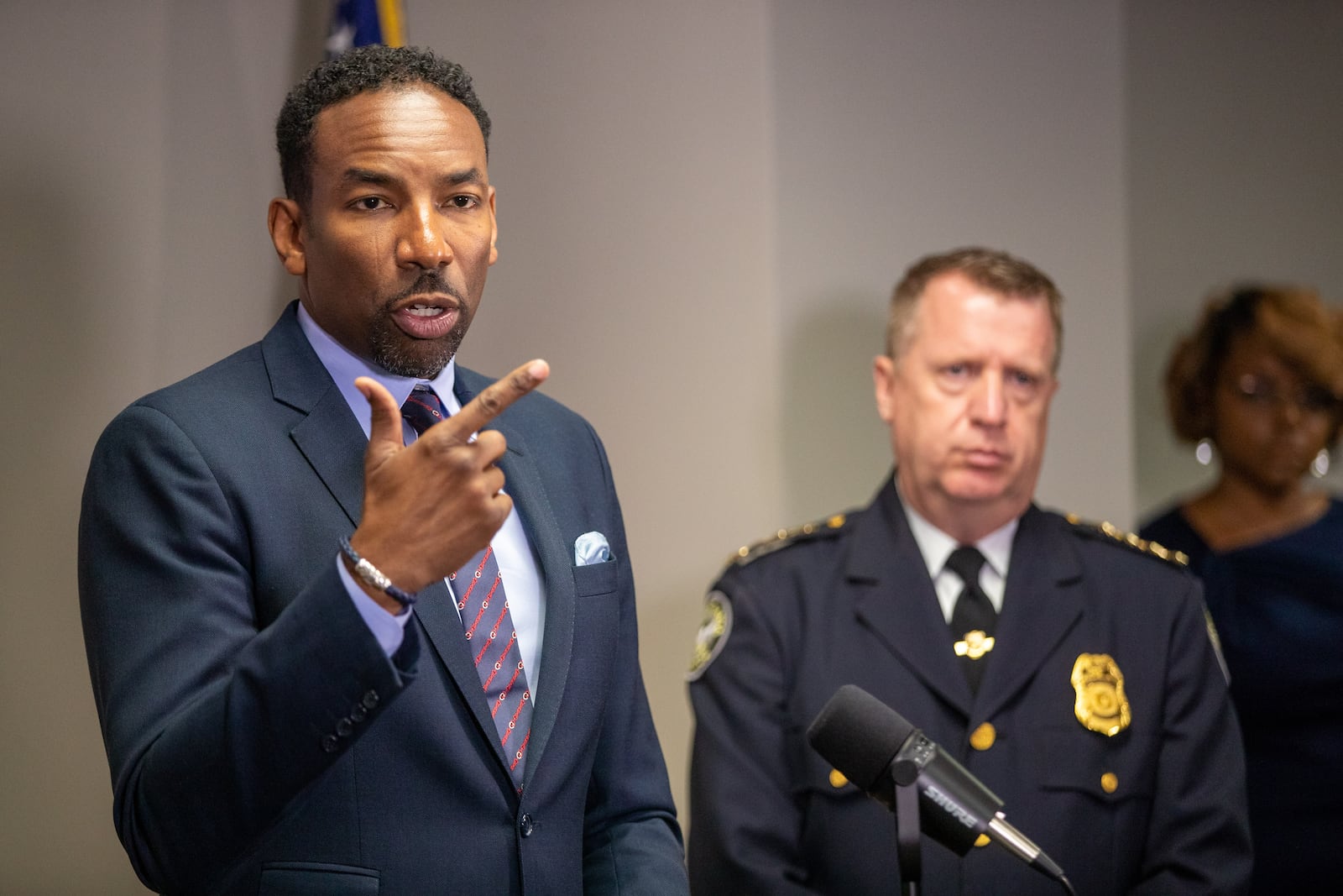 Atlanta Mayor Andre Dickens talks at a press conference as the interim chief of Atlanta Police Darin Schierbaum looks on Tuesday, June 21, 2022.  Steve Schaefer / steve.schaefer@ajc.com)