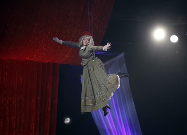 Actress Alison Arngrim flies on to the stage during the opening of the TV Land Awards on Sunday June 8, 2008 in Santa Monica, Calif. (AP Photo/Matt Sayles)