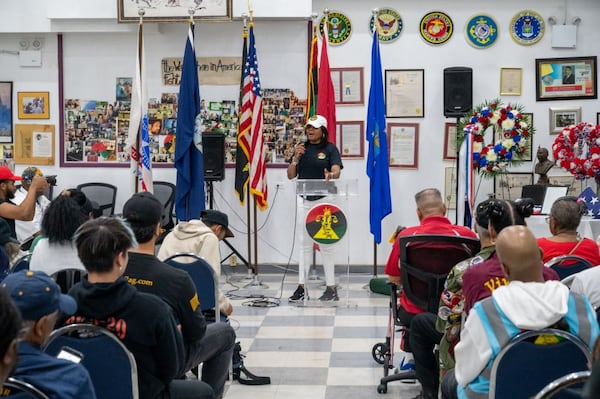 Wendy McClinton, president-CEO of Black Veterans for Social Justice, gives a presentation before veterans in the military in New York. (Courtesy)