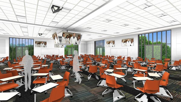 This rendering shows what one of the classrooms in the Moye Pharmacy 
and Health Sciences Center under construction by Mercer University on its campus near Atlanta. The center is scheduled to be completed by late 2023. Image credit: Mercer University.