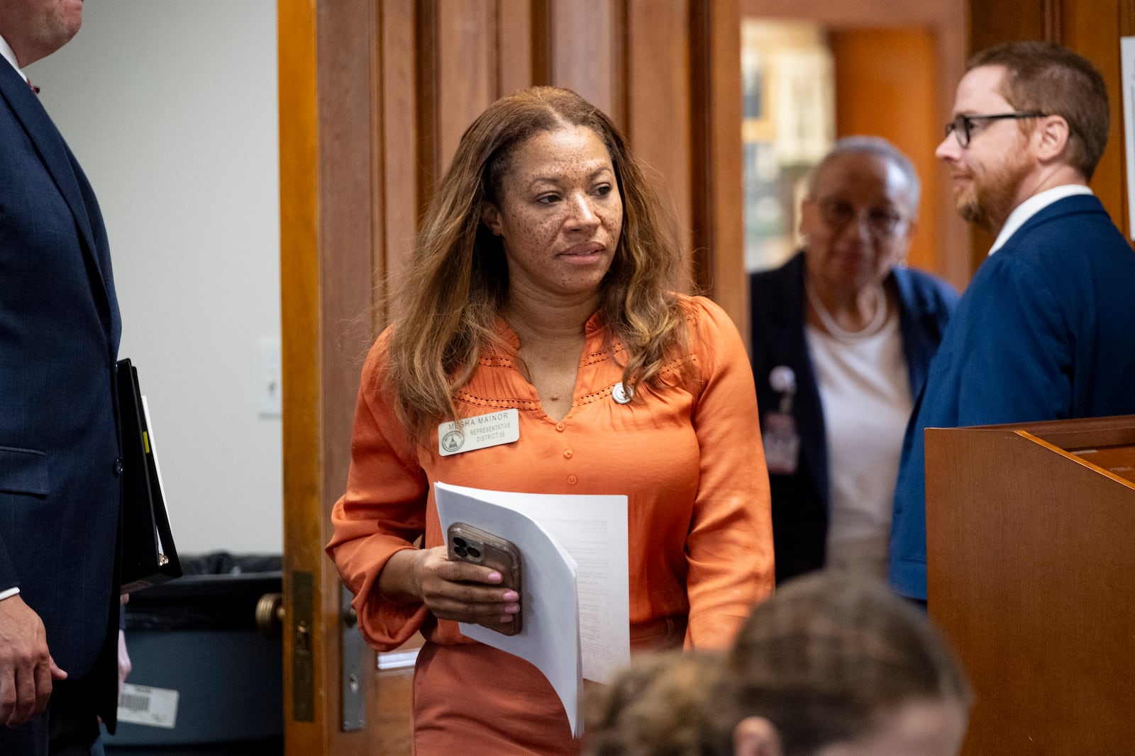 Rep. Mesha Mainor (R-Atlanta) arrives to testify before the Senate Special Committee on Investigations at the State Capitol on Friday, Aug. 9, 2024.   (Ben Gray / Ben@BenGray.com)