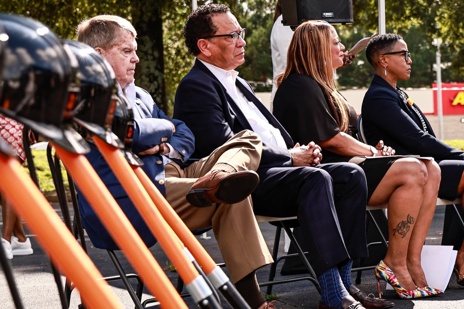 
(Left to right) Lake City Mayor Ronald Dodson; Executive Director at Invest Clayton Larry Vincent; Clayton County District One commissioner Aleika Anderson and Invest Clayton Chair Regina Deloach sit during a press conference announcing the ground breaking for an $800 million mixed-used project in Clayton County on Friday, August 26, 2022.