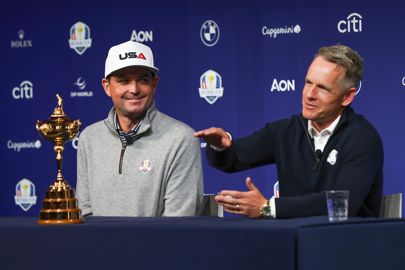 U.S. Ryder Cup golf team captain Keegan Bradley, left, and Team Europe captain Luke Donald at a press conference in New York, Tuesday, Oct. 8, 2024. (AP Photo/Heather Khalifa)