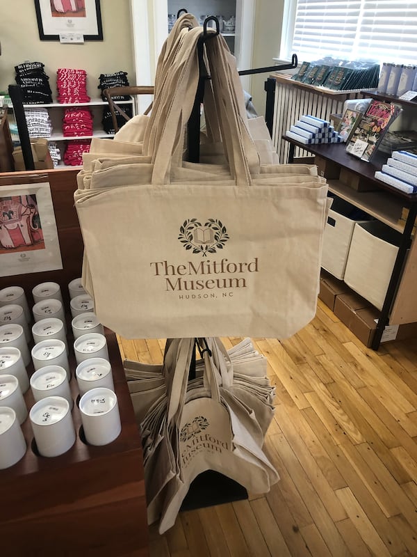 Tote bags for sale in the Happy Endings Bookstore at The Mitford Museum. 
(Courtesy of Amy Bonesteel)