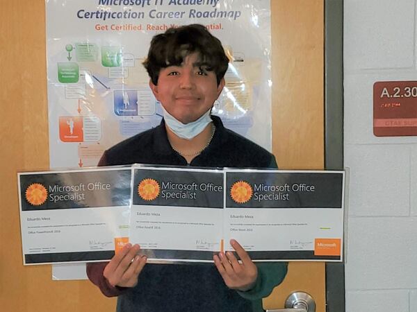 Eduardo Meza is a New Manchester High School senior who earned three certifications earlier this year as a Microsoft Office Specialist in Word, Excel and Power Point. The certifications validate proficiency in technical skills using the various software.