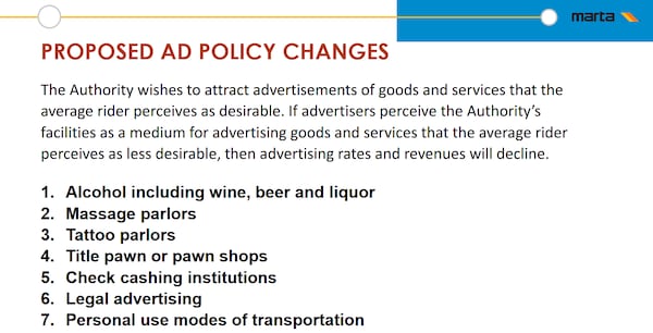 Originally, MARTA's board considered these seven deadly advertising sins to be banned. The board backed off #7 because the agency partners with companies like Uber. (Bill Torpy/AJC)