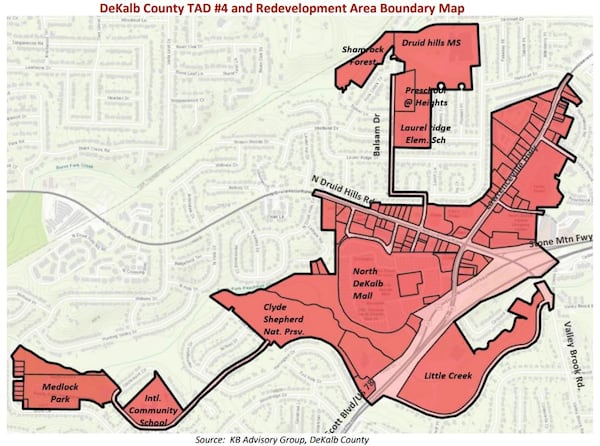 The boundaries of the newly created Market Square Tax Allocation District, aimed at supporting the redevelopment of North DeKalb Mall.