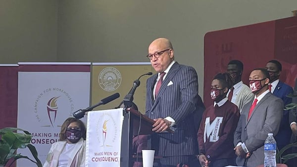 Morehouse College President David A. Thomas speaks on Thursday, Feb. 17, 2022 at the school's announcement of a $500 million fundraising campaign. ERIC STIRGUS/ERIC.STIRGUS@AJC.COM.