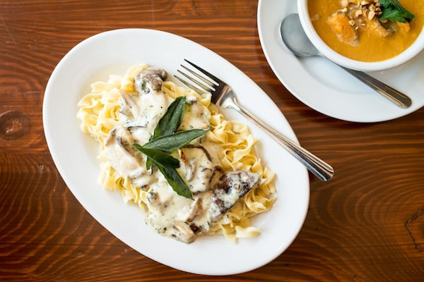 Vegetarian Stroganoff with mushroom medley, sage, cream, and egg noodles. Photo credit- Mia Yakel.