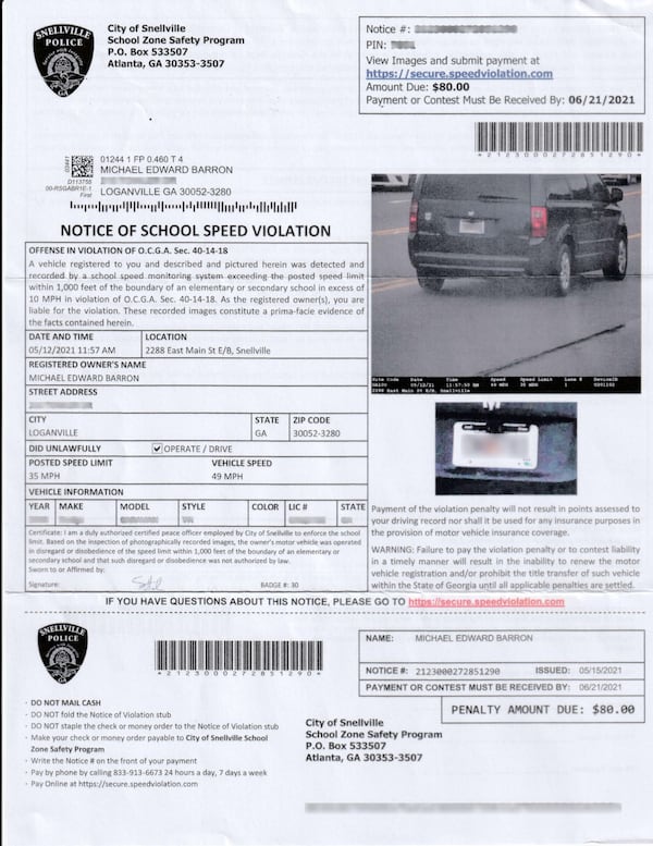 The ticket Michael Barron received from the Snellville Police Department. (Courtesy of Michael Barron)