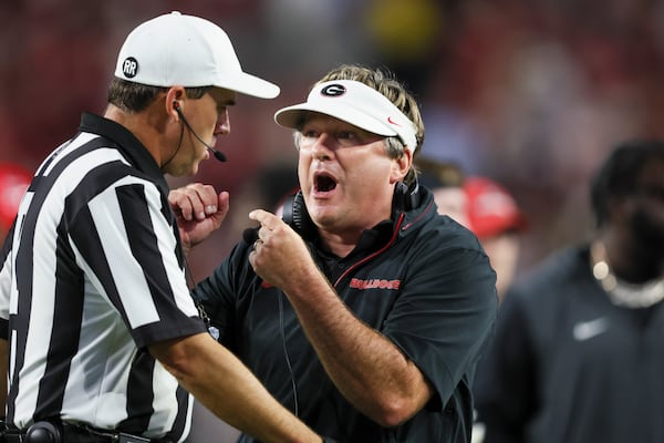 Georgia head coach Kirby Smart argues a call with an official during the second half against Alabama at Bryant-Denny Stadium, Saturday, Sept. 28, 2024, in Tuscaloosa, Al. Alabama won 41-34. (Jason Getz / AJC)

