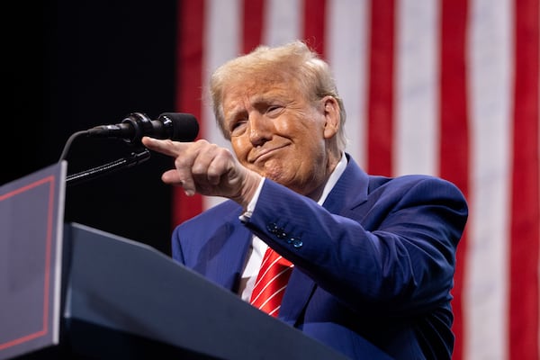 Republican presidential candidate Donald Trump speaks at his campaign rally at Cobb Energy Performing Arts Centre in Cobb County on Tuesday, Oct. 15, 2024, in Georgia. (Arvin Temkar/The Atlanta Journal-Constitution/TNS)