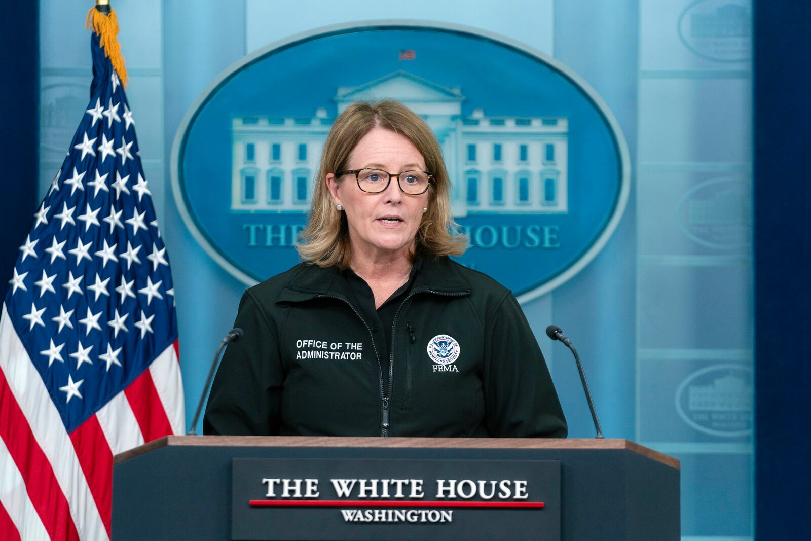 Administrator of the U.S. Federal Emergency Management Agency Deanne Criswell speaks during the daily briefing at the White House in Washington, Thursday, Sept. 26, 2024. (AP Photo/Jose Luis Magana)