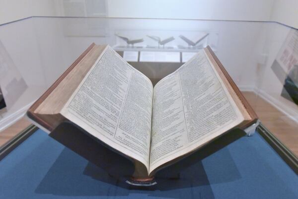 The First Folio of Shakespeare (front) and (background from left) Second, Third and Fourth Folios will be on view at Emory’s Michael C. Carlos Museum from Nov. 5 through Dec. 11. The First Folio is the first collected edition of Shakespeare’s plays, published in 1623, seven years after the Bard’s death. HYOSUB SHIN / HSHIN@AJC.COM