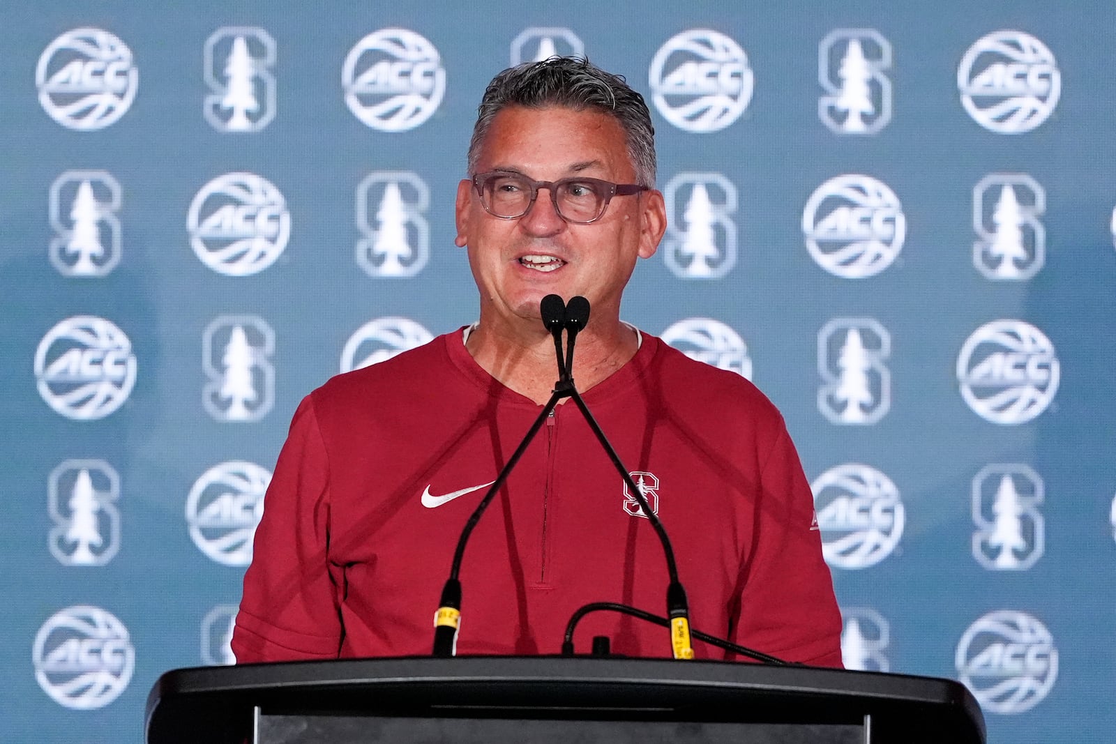 Stanford head coach Kyle Smith speaks during a ACC men's NCAA college basketball media day, Wednesday, Oct. 9, 2024, in Charlotte, N.C. (AP Photo/Chris Carlson)