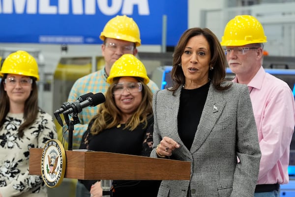 Democratic presidential nominee Vice President Kamala Harris speaks after taking a tour of the Hemlock Semiconductor Next-Generation Finishing facility in Hemlock, Mich., Monday, Oct. 28, 2024. (AP Photo/Jacquelyn Martin)