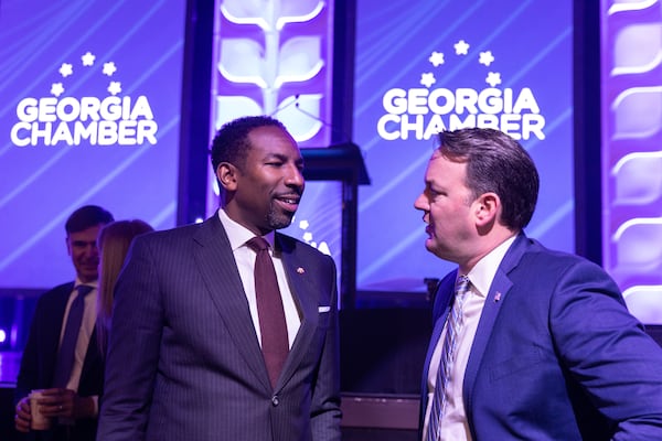 Atlanta Mayor Andre Dickens (left) has spoken at length about his effort to reset city-state relations between City Hall and Gov. Brian Kemp, Lt. Gov. Burt Jones (right) and House Speaker Jon Burns. (Arvin Temkar/ The Atlanta Journal-Constitution)