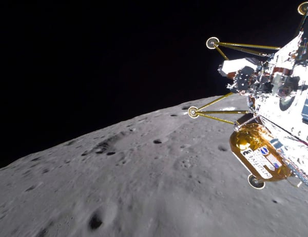 This photo provided by NASA shows the Intuitive Machines' Athena lander approaching the surface of the moon on Thursday, March 6, 2025. (NASA via AP)