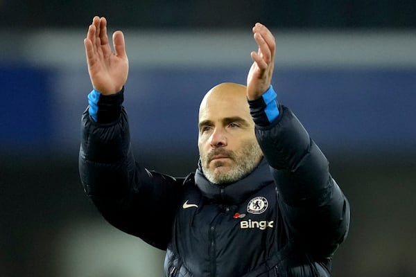 Chelsea's head coach Enzo Maresca applauds at the end of the English Premier League soccer match between Chelsea and Arsenal at Stamford Bridge stadium in London, Sunday, Nov. 10, 2021. (AP Photo/Kirsty Wigglesworth)