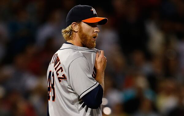 BOSTON, MA - AUGUST 14: Mike Foltynewicz #48 of the Houston Astros reacts after giving up a two-run double to Dustin Pedroia of the Boston Red Sox in the sixth inning at Fenway Park on August 14, 2014 in Boston, Massachusetts. (Photo by Jim Rogash/Getty Images) Here's Mike Foltynewicz, one of the many new Braves. (Photo by Jim Rogash for Getty Images)