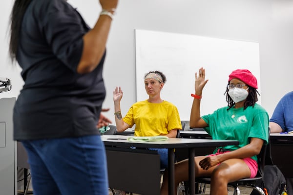 Students Melissa Berry-Shelton (left) and Nekaybaw Evans (right) attend a Summer Preparatory Academic Resource Camps (SPARC) session for STEM majors at Georgia Gwinnett College on Thursday, July 7, 2022. (Arvin Temkar / arvin.temkar@ajc.com)