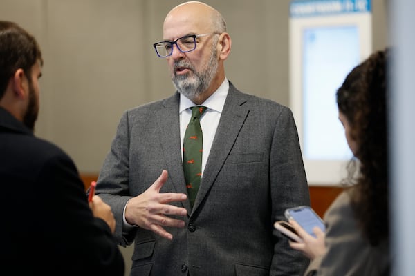 Defense attorney Doug Weinstein, attorney for Deamonte Kendrick, speaks to reporters outside the Courtroom after his client got Deamonte Kendrick, one of the two remaining “Young Slime Life,” trial were acquitted of murder charges on Tuesday, December 3, 2023.
(Miguel Martinez / AJC)