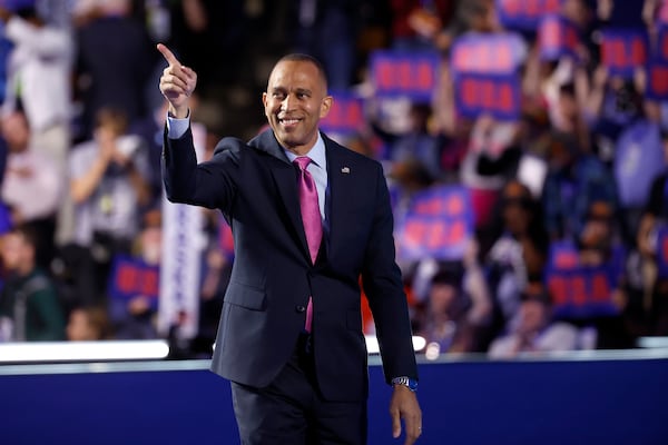 House Minority Leader Hakeem Jeffries (D-NY) departs after speaking on stage during the third day of the Democratic National Convention at the United Center on Wednesday, Aug. 21, 2024, in Chicago. (Kevin Dietsch/Getty Images/TNS)