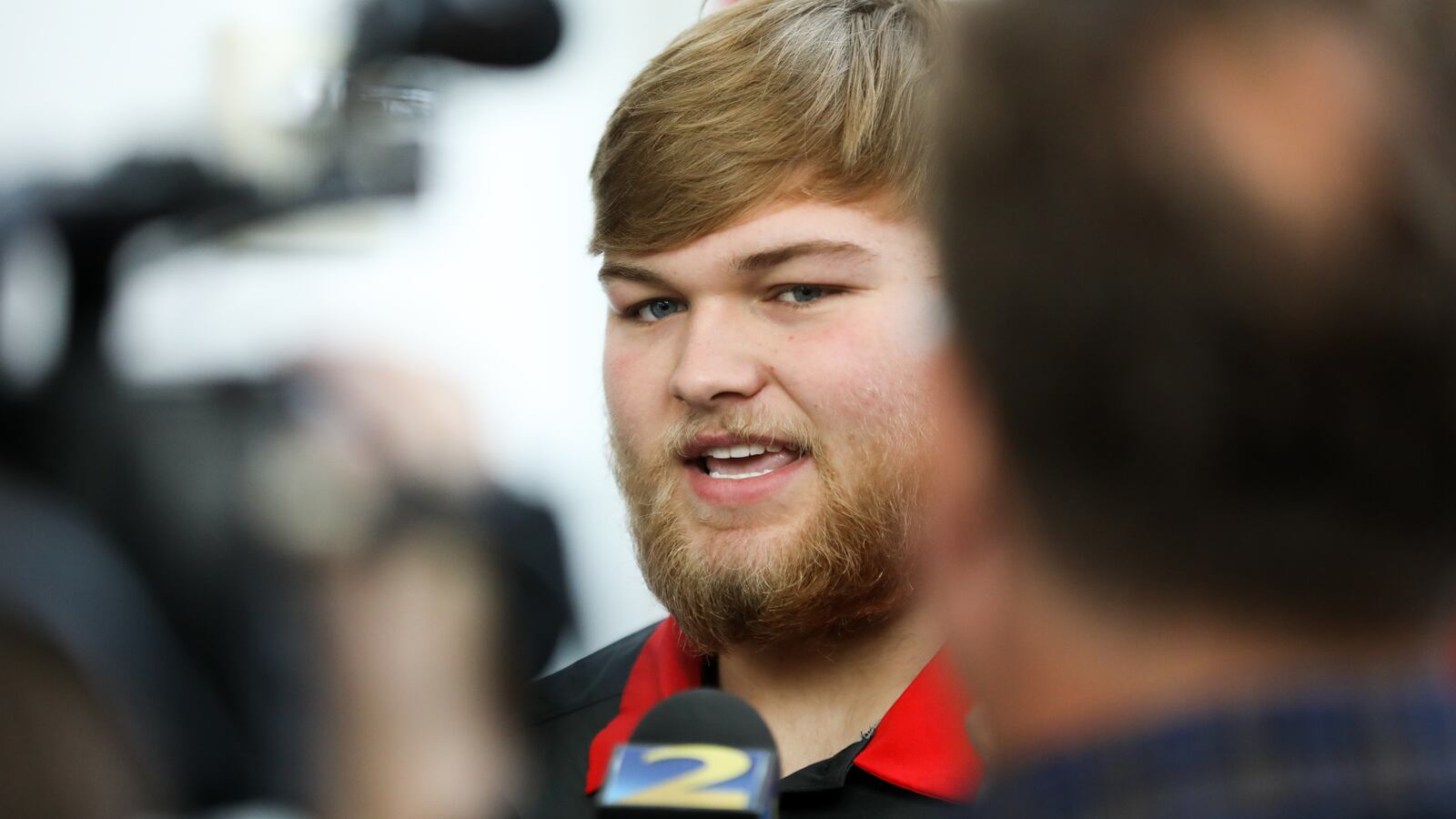 Georgia offensive tackle Cade Mays (77) speaks to media at Butts-Mehre Heritage Hall Monday, Nov. 11, 2019, in Athens.