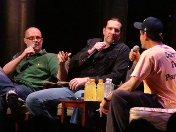 Charlie Sheen talking with the Regular Guys Larry Wachs and Southside Steve Rickman. CREDIT: Rodney Ho/rho@ajc.com