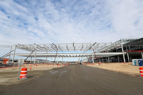 A bridge connects the wielding and paint shop Work is underway on the final assembly facility at the Hyundai Metaplant America in Ellabell, Georgia on Wednesday, October25, 2023.