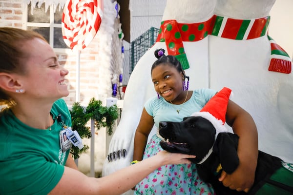 After working an hour with Occupational Therapist Tori Ragsdale and the facility dog Conway, Emily Owie spent time in the Children’s Healthcare of Atlanta’s Scottish Rite lobby, decorated with Christmas ornaments on Monday, Dec. 9, 2024.
(Miguel Martinez / AJC)