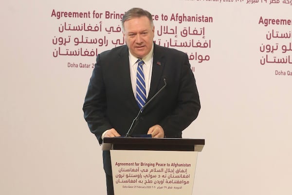 Secretary of State Mike Pompeo speaks during the agreement signing between Taliban and U.S. officials in Doha, Qatar, Saturday, Feb. 29, 2020. The United States is poised to sign a peace agreement with Taliban militants on Saturday aimed at bringing an end to 18 years of bloodshed in Afghanistan and allowing U.S. troops to return home from America's longest war. (AP Photo/Hussein Sayed)