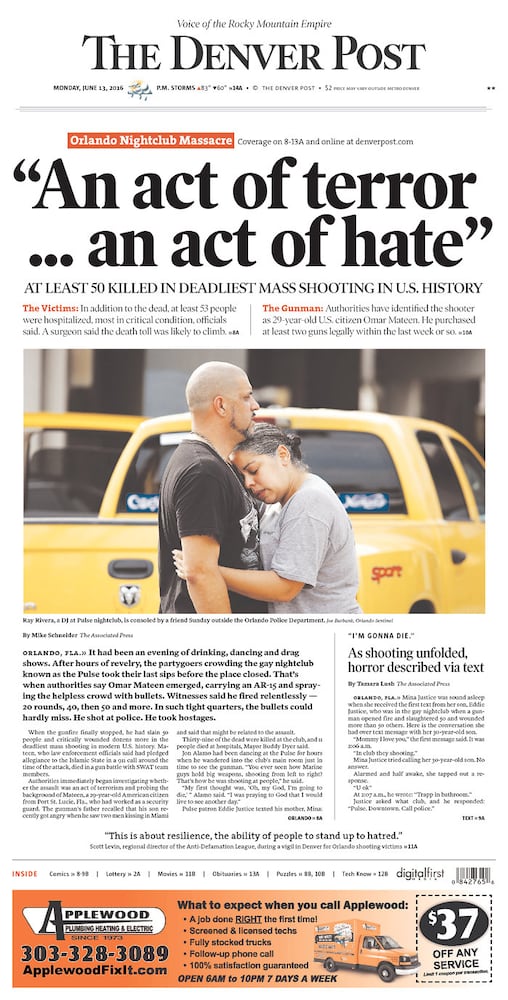 Newspaper front pages reflect Orlando tragedy