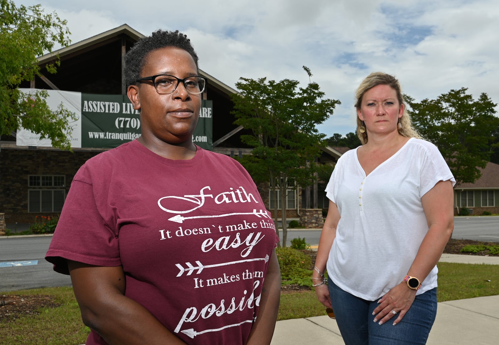 Former executive directors Tiffany Echols, left, and Nikki Windsor stand outside Tranquil Gardens Assisted Living & Memory Care in Acworth on Wednesday. Windsor said she slowly learned about the financial troubles and now wishes that she had warned residents. (Hyosub Shin / Hyosub.Shin@ajc.com)