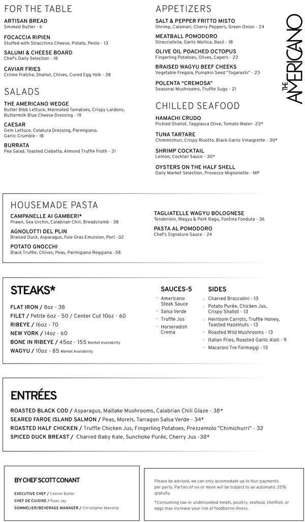 Americano dinner menu