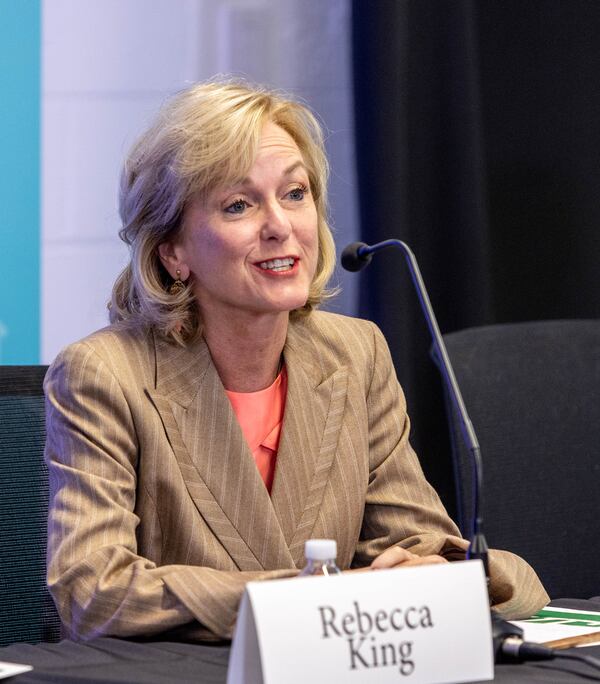 Rebecca King participates in the Atlanta Regional Mayoral Forum, moderated by Bill Bolling, and centered around Atlanta's housing challenges and takes place in two parts Wednesday, Oct 6, 2021.  Candidates in the first set of questions include Atlanta City Councilman Antonio Brown, councilman Andre Dickens, attorney Sharon Gay, council president Felicia Moore and former mayor Kasim Reed. The second group of candidates include Kirsten Dunn, Nolan English, Mark Hammad, Kenny Hill, Rebecca King, Roosevelt Searles III, Richard Wright.  (Jenni Girtman for The Atlanta Journal-Constitution)