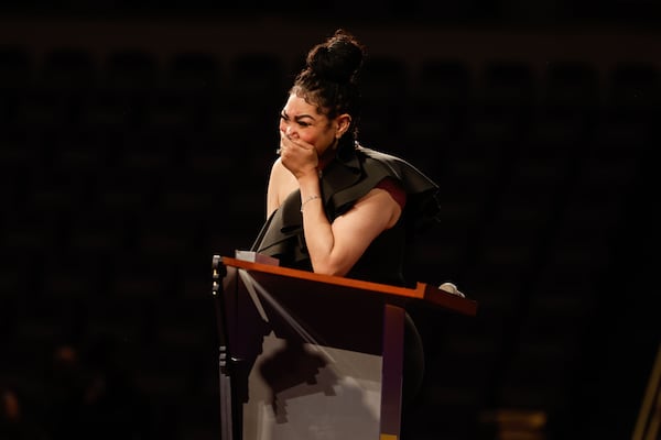 R&B singer Keke Wyatt breaks down in tears while singing during the funeral service for singer Angie Stone at Word of Faith Cathedral in Austell on Friday, March 14, 2025. (Natrice Miller/ AJC)
