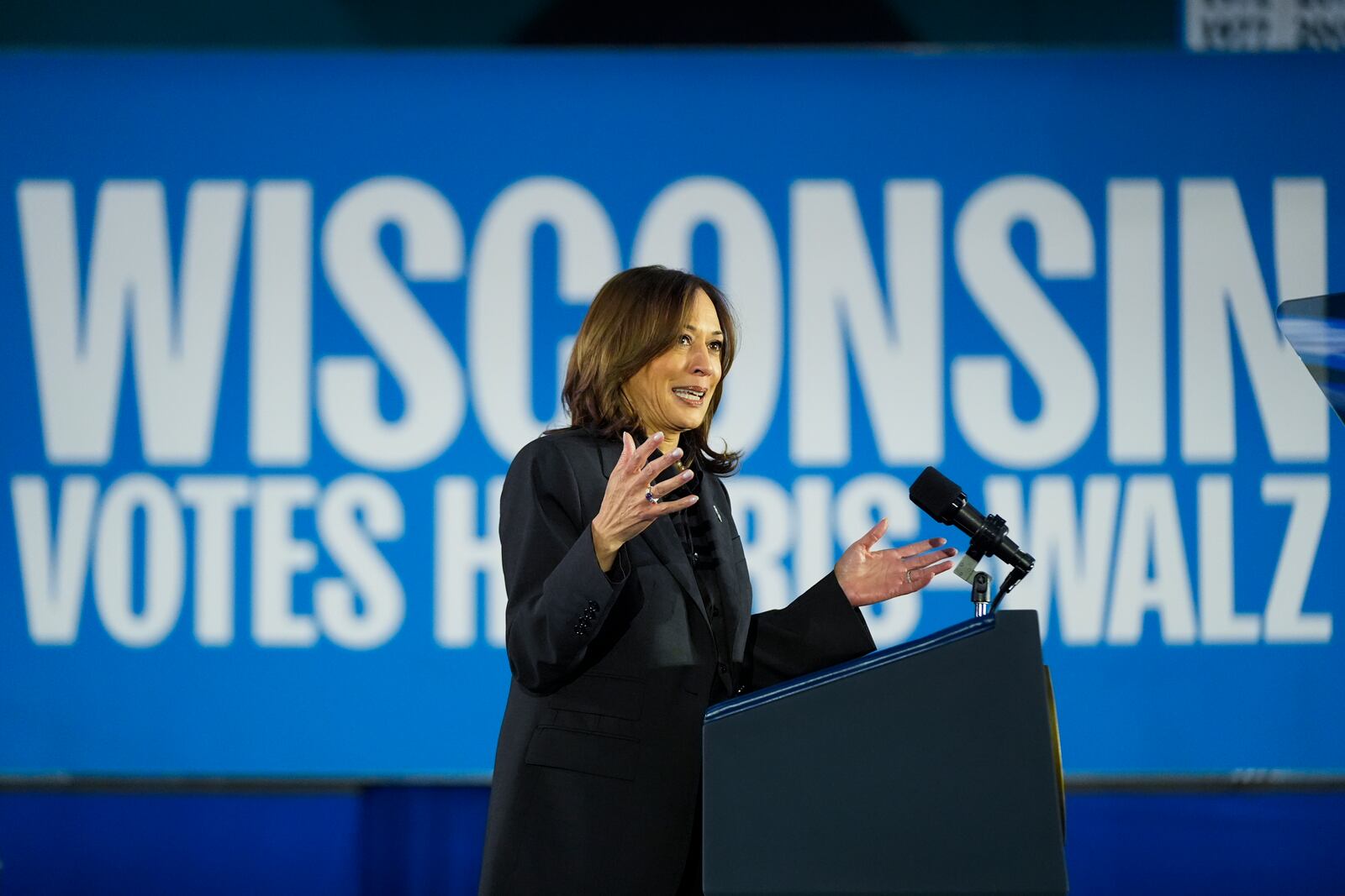 Democratic presidential nominee Vice President Kamala Harris speaks at a campaign rally at Little Chute High School, Friday, Nov. 1, 2024, in Little Chute, Wis. (AP Photo/Alex Brandon)