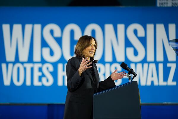 Democratic presidential nominee Vice President Kamala Harris speaks at a campaign rally at Little Chute High School, Friday, Nov. 1, 2024, in Little Chute, Wis. (AP Photo/Alex Brandon)