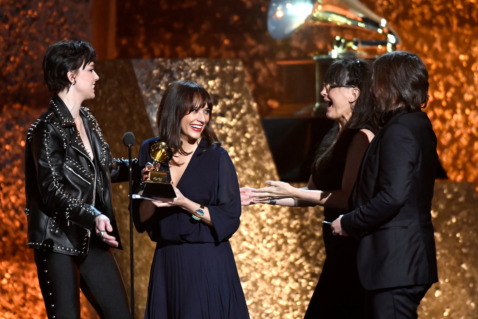 (L-R) Rashida Jones, Alan Hicks and Paula DuPré Pesmen accept Best Music Film for 'Quincy' at the premiere ceremony during the 61st annual GRAMMY Awards at Staples Center on February 10, 2019 in Los Angeles, California. (Photo by Kevork Djansezian/Getty Images)