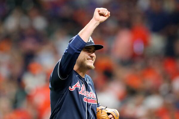 Braves relief pitcher Luke Jackson reacts to a play in the seventh inning against the Houston Astros in game 1 of the World Series at Minute Maid Park, Tuesday October 26, 2021, in Houston, Tx. Curtis Compton / curtis.compton@ajc.com 