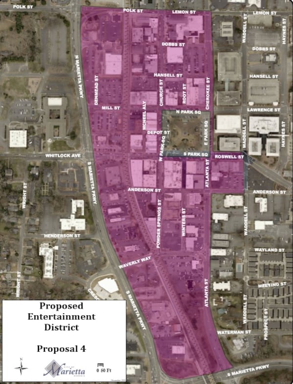 Marietta leaders have established an entertainment district where residents can take away alcoholic drinks purchased at licensed establishments.