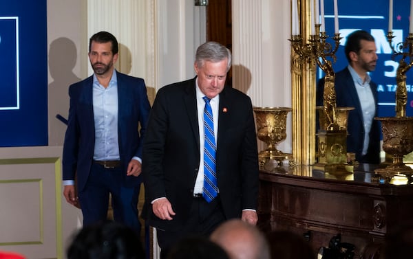 Then-White House Chief of Staff Mark Meadows arriving with members of then-President Donald Trump’s family to the East Room of the White House, in Washington on Nov, 4, 2020. (Doug Mills/The New York Times)
                      