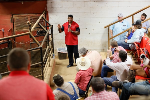 Republican U.S. Senate candidate Herschel Walker spoke to a few dozen voters Wednesday during a campaign event at the Northeast Georgia Livestock Barn in Athens. Miguel Martinez / miguel.martinezjimenez@ajc.com