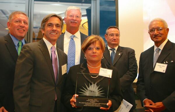 Jeff Davis (second from left) is the former executive director of the State Bar of Georgia and former director of the state Judicial Qualifications Commission. In this photo, he and members of the judicial watchdog agency accept the Georgia First Amendment Foundation’s 2014 Freedom of Information Award. Also in the photo, from left, are Lester Tate, Robert Ingram, Judge Brenda Weaver, Richard Hyde and Judge John Allen. (AJC file)