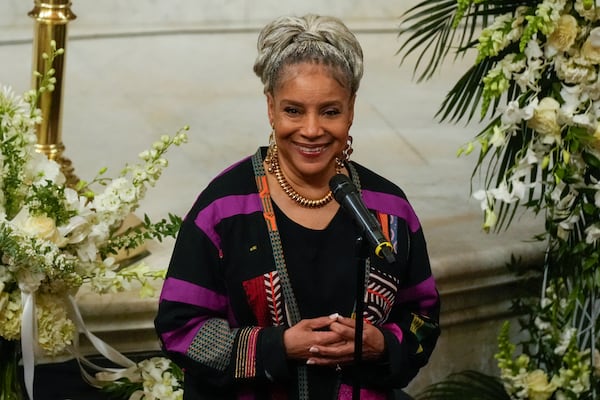 Phylicia Rashad speaks during a ceremony in celebration of Roberta Flack's life at The Abyssinian Baptist Church on Monday, March 10, 2025, in New York. (AP Photo/Richard Drew)