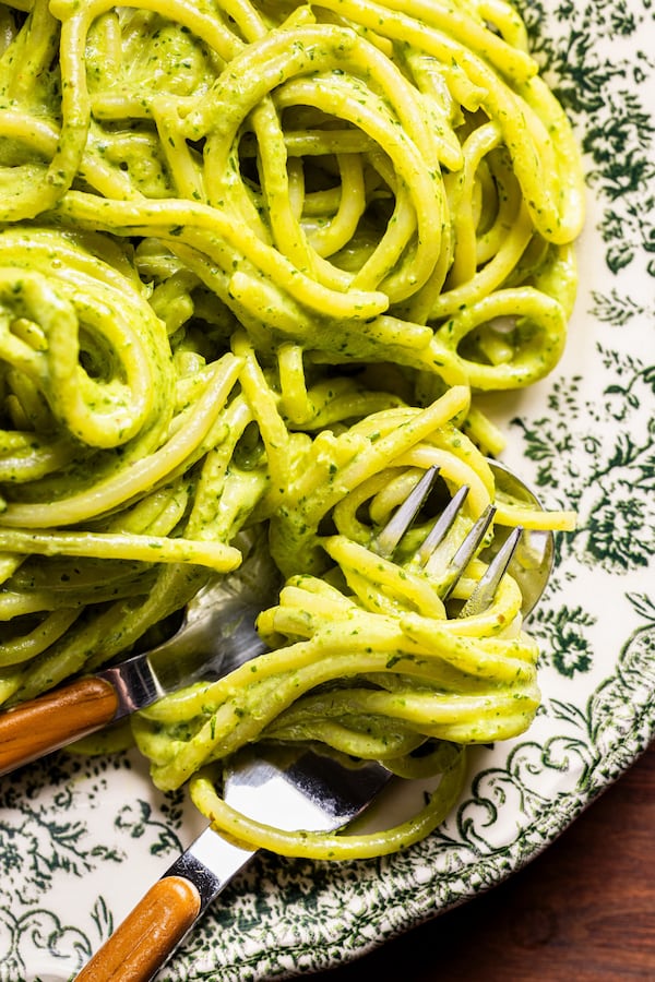 The recipe for Green Spaghetti from Barbs-B-Q in Lockhart, Texas offers pasta in a roasted poblano cream sauce. (Courtesy of America's Test Kitchen/Steve Klise)