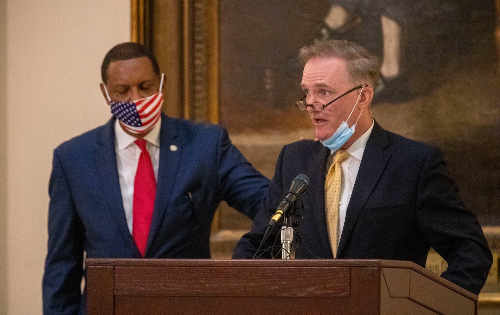 07/22/2020 - Atlanta, Georgia - Rodney Cook Jr. (right) becomes emotional while speaking during a special service to honor the legacy of C.T. Vivian as his body lay in state at the Georgia State Capitol Building in Atlanta, Wednesday, July 22, 2020. (ALYSSA POINTER / ALYSSA.POINTER@AJC.COM)