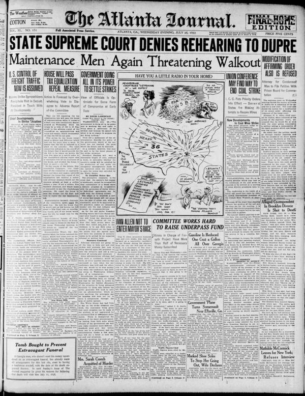 The Atlanta Journal front page on July 26, 1922.